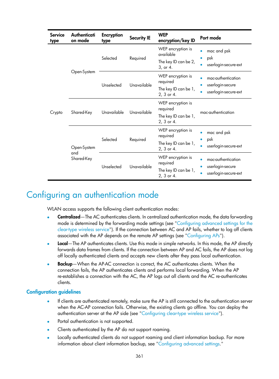 Configuring an authentication mode, Configuration guidelines | H3C Technologies H3C WX3000E Series Wireless Switches User Manual | Page 382 / 965