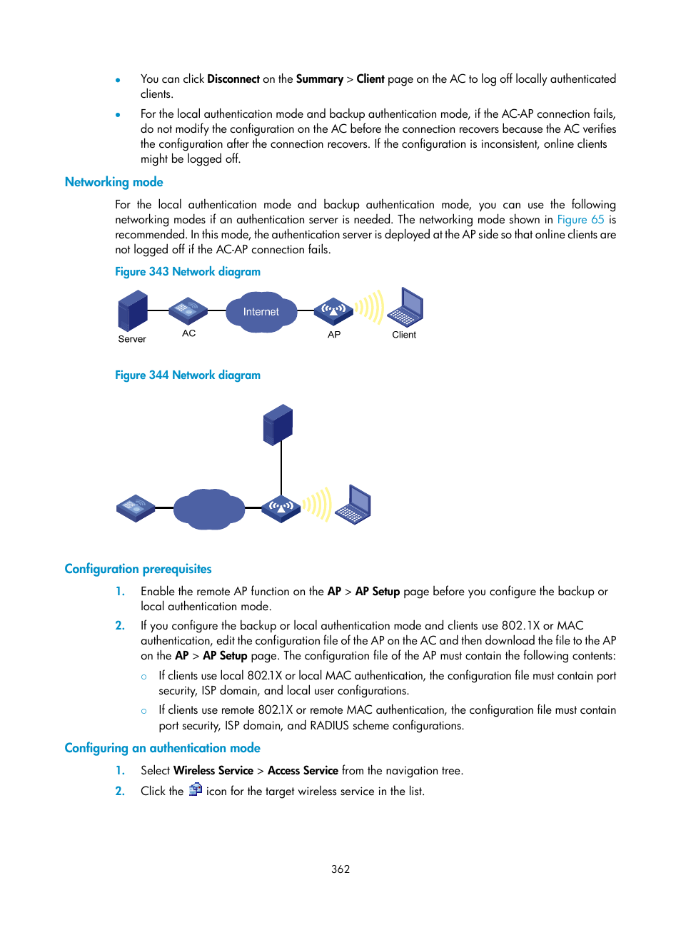 Networking mode, Configuration prerequisites, Configuring an authentication mode | H3C Technologies H3C WX3000E Series Wireless Switches User Manual | Page 383 / 965