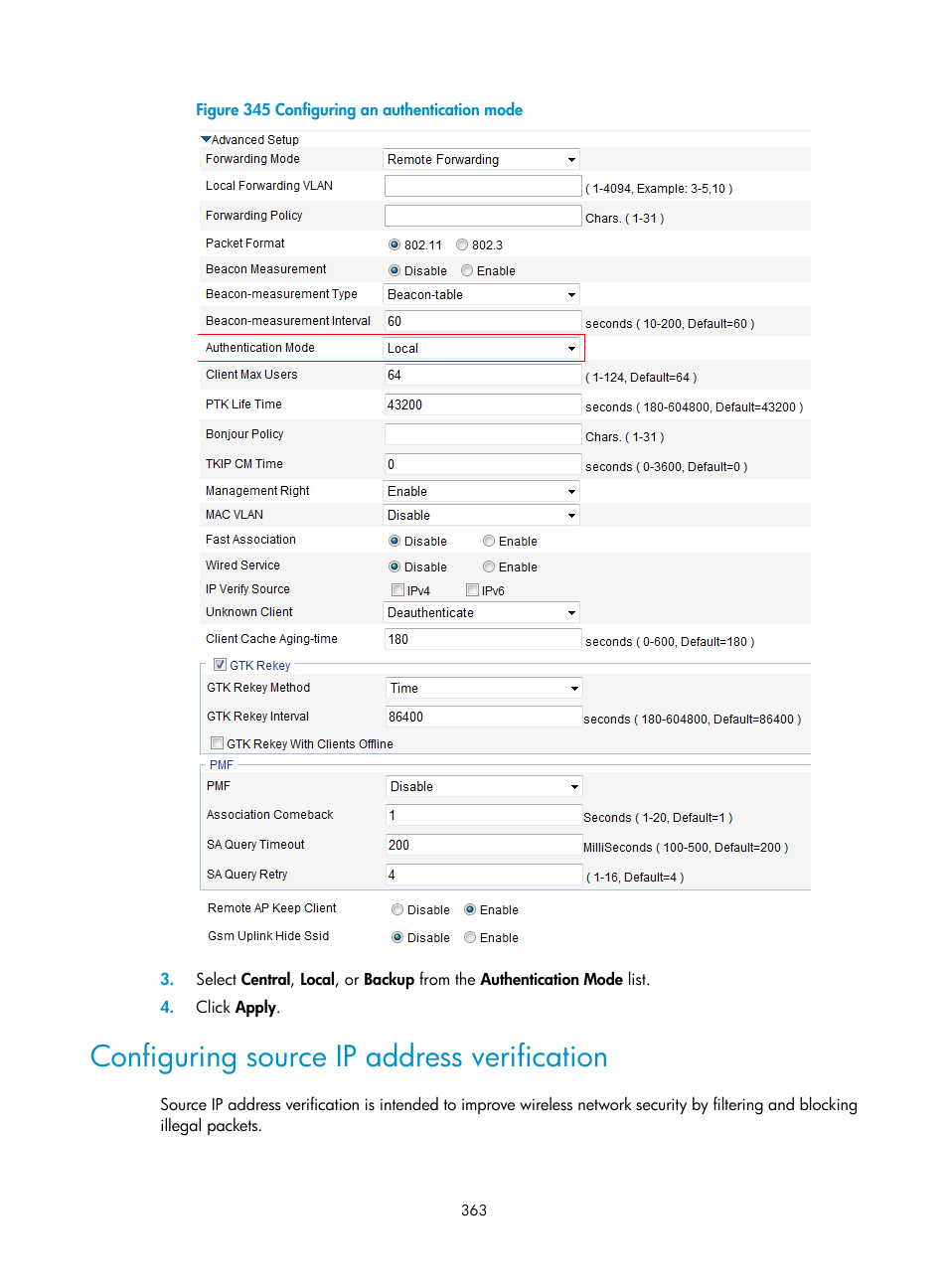 Configuring source ip address verification | H3C Technologies H3C WX3000E Series Wireless Switches User Manual | Page 384 / 965