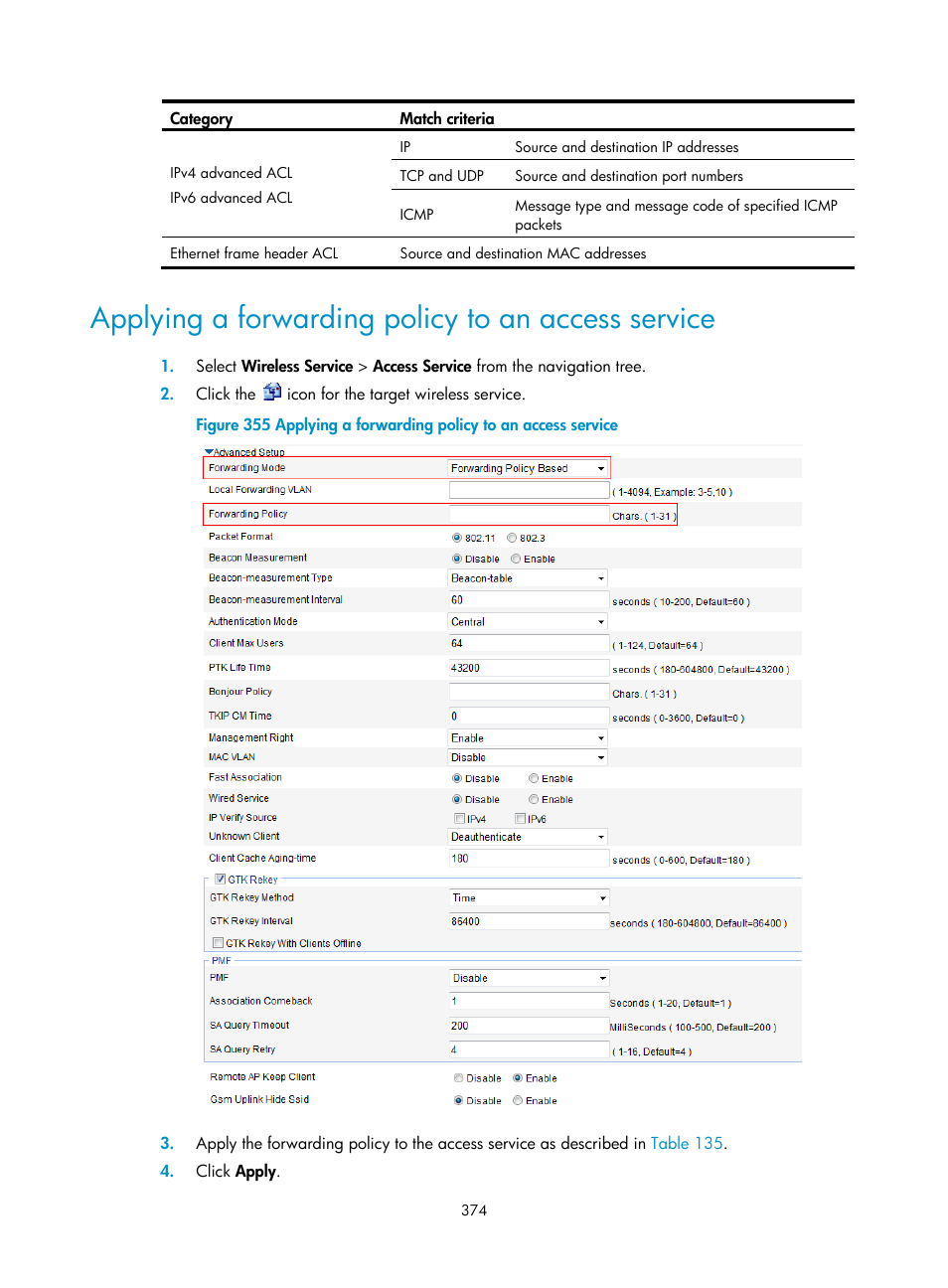 Applying a forwarding policy to an access service | H3C Technologies H3C WX3000E Series Wireless Switches User Manual | Page 395 / 965