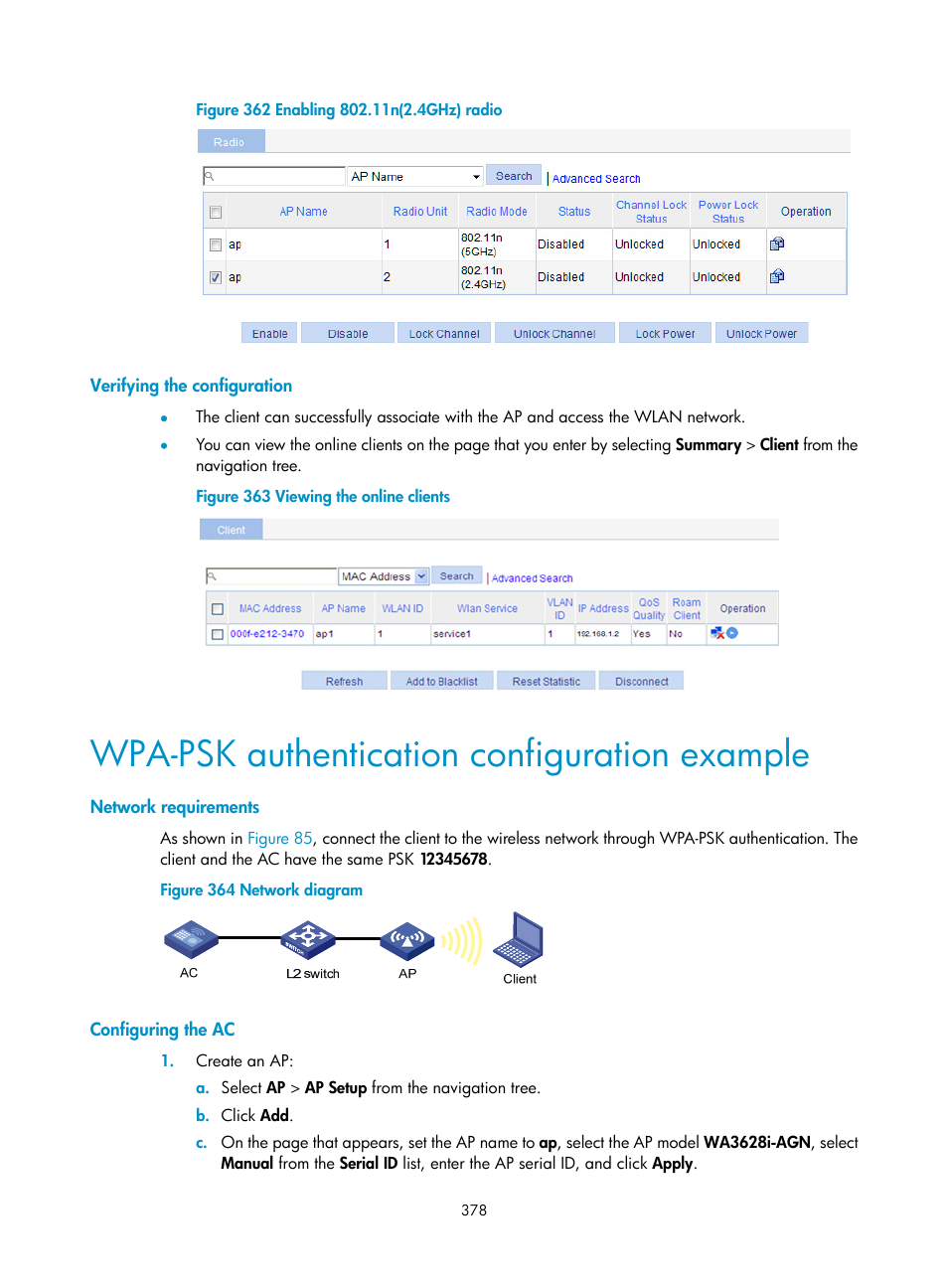 Verifying the configuration, Wpa-psk authentication configuration example, Network requirements | Configuring the ac | H3C Technologies H3C WX3000E Series Wireless Switches User Manual | Page 399 / 965