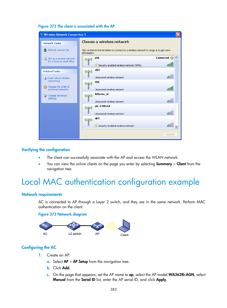 Verifying the configuration, Local mac authentication configuration example, Network requirements | Configuring the ac | H3C Technologies H3C WX3000E Series Wireless Switches User Manual | Page 404 / 965