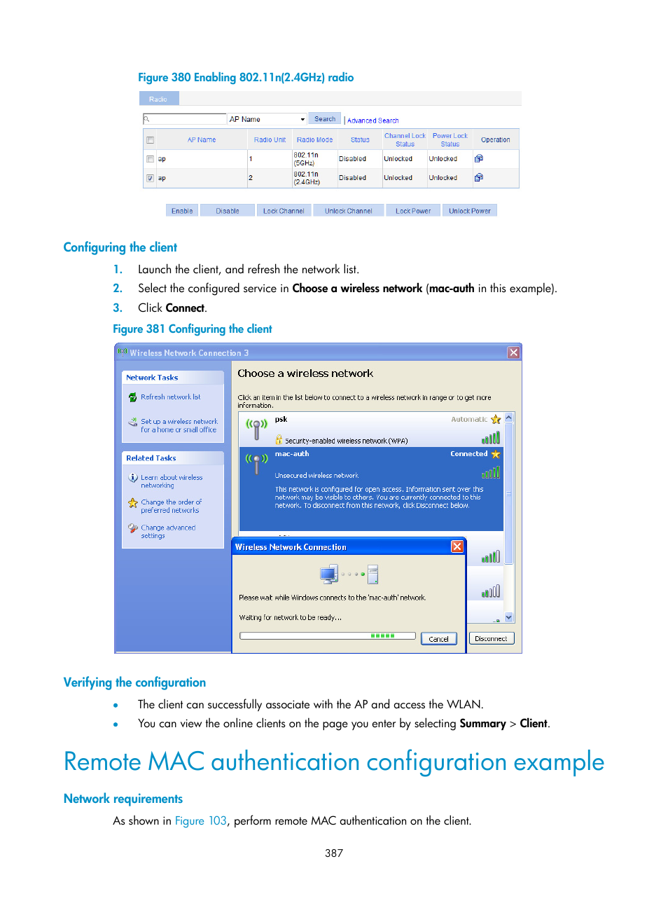 Configuring the client, Verifying the configuration, Remote mac authentication configuration example | Network requirements | H3C Technologies H3C WX3000E Series Wireless Switches User Manual | Page 408 / 965