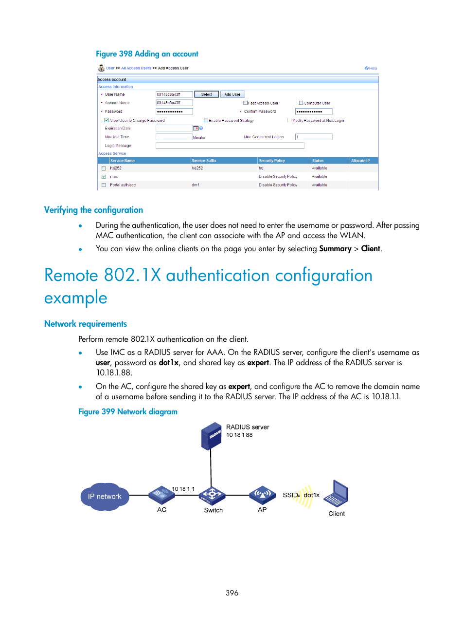 Verifying the configuration, Remote 802.1x authentication configuration example, Network requirements | H3C Technologies H3C WX3000E Series Wireless Switches User Manual | Page 417 / 965