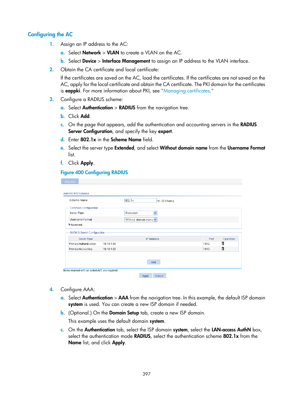 Configuring the ac | H3C Technologies H3C WX3000E Series Wireless Switches User Manual | Page 418 / 965