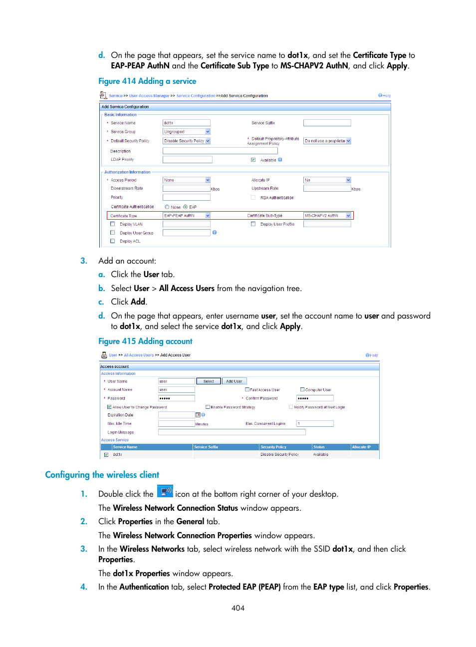 Configuring the wireless client | H3C Technologies H3C WX3000E Series Wireless Switches User Manual | Page 425 / 965