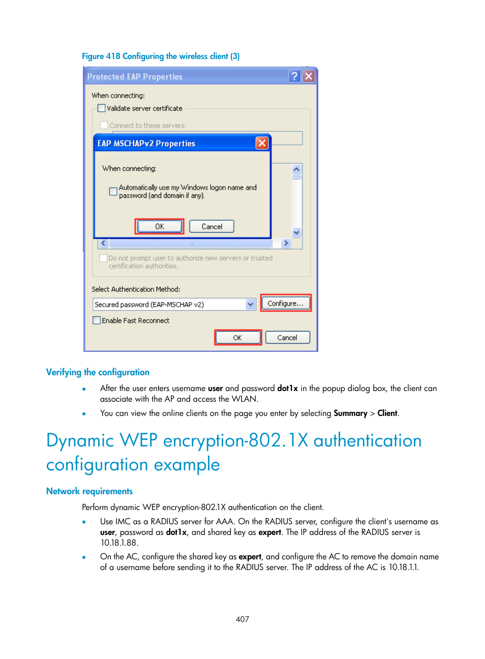 Verifying the configuration, Network requirements | H3C Technologies H3C WX3000E Series Wireless Switches User Manual | Page 428 / 965