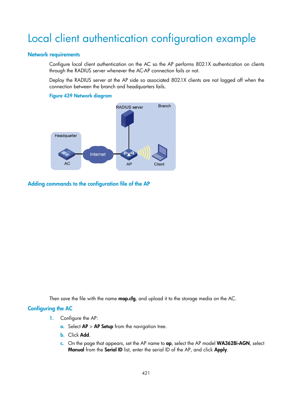 Local client authentication configuration example, Network requirements, Configuring the ac | H3C Technologies H3C WX3000E Series Wireless Switches User Manual | Page 442 / 965