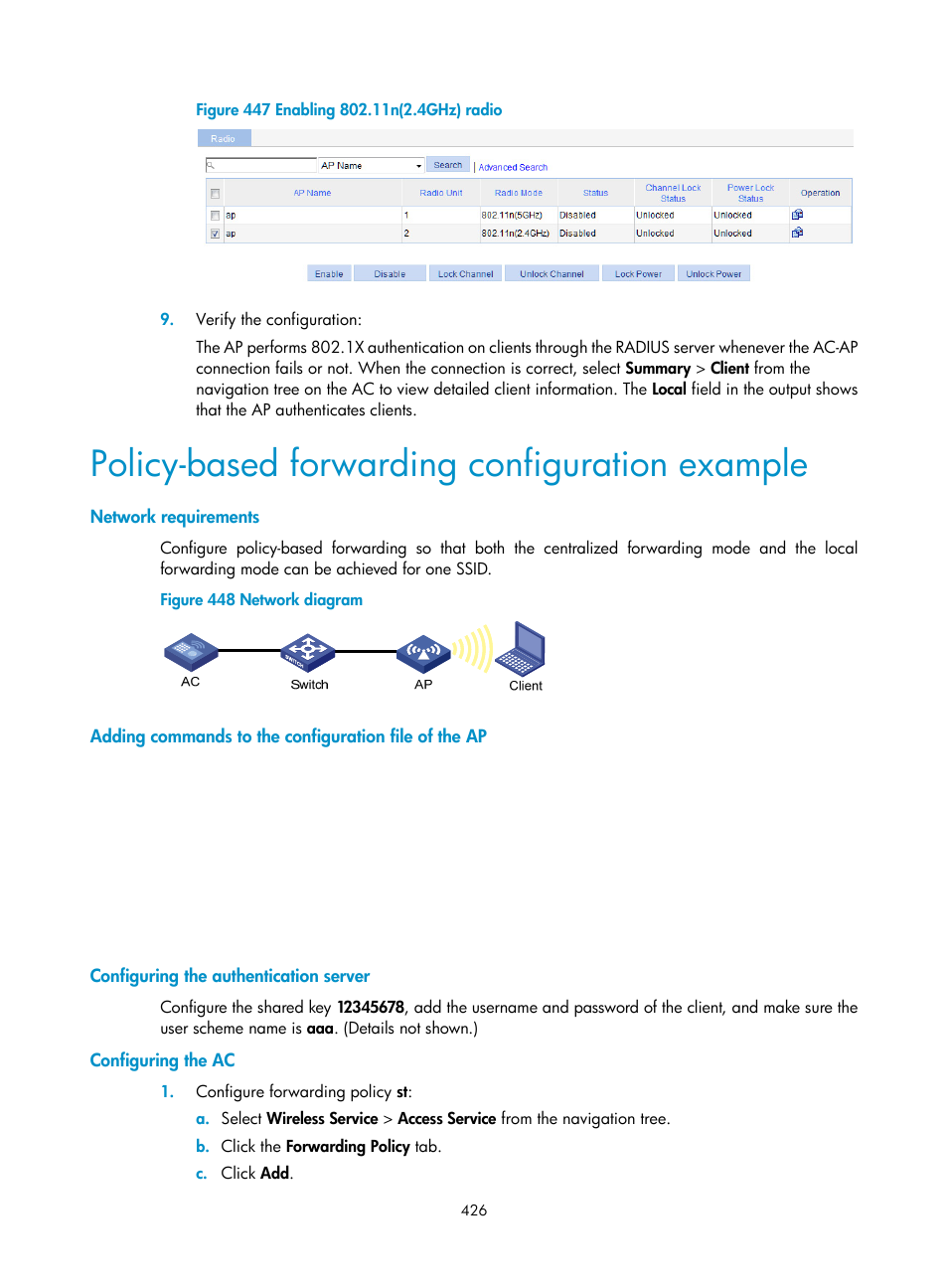 Policy-based forwarding configuration example, Network requirements, Configuring the authentication server | Configuring the ac | H3C Technologies H3C WX3000E Series Wireless Switches User Manual | Page 447 / 965