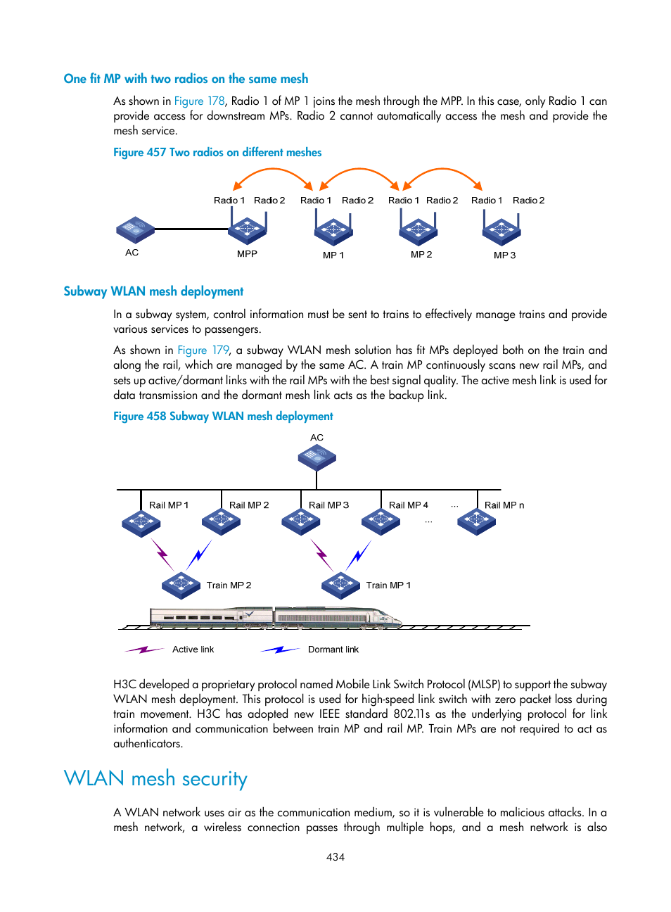 One fit mp with two radios on the same mesh, Subway wlan mesh deployment, Wlan mesh security | H3C Technologies H3C WX3000E Series Wireless Switches User Manual | Page 455 / 965