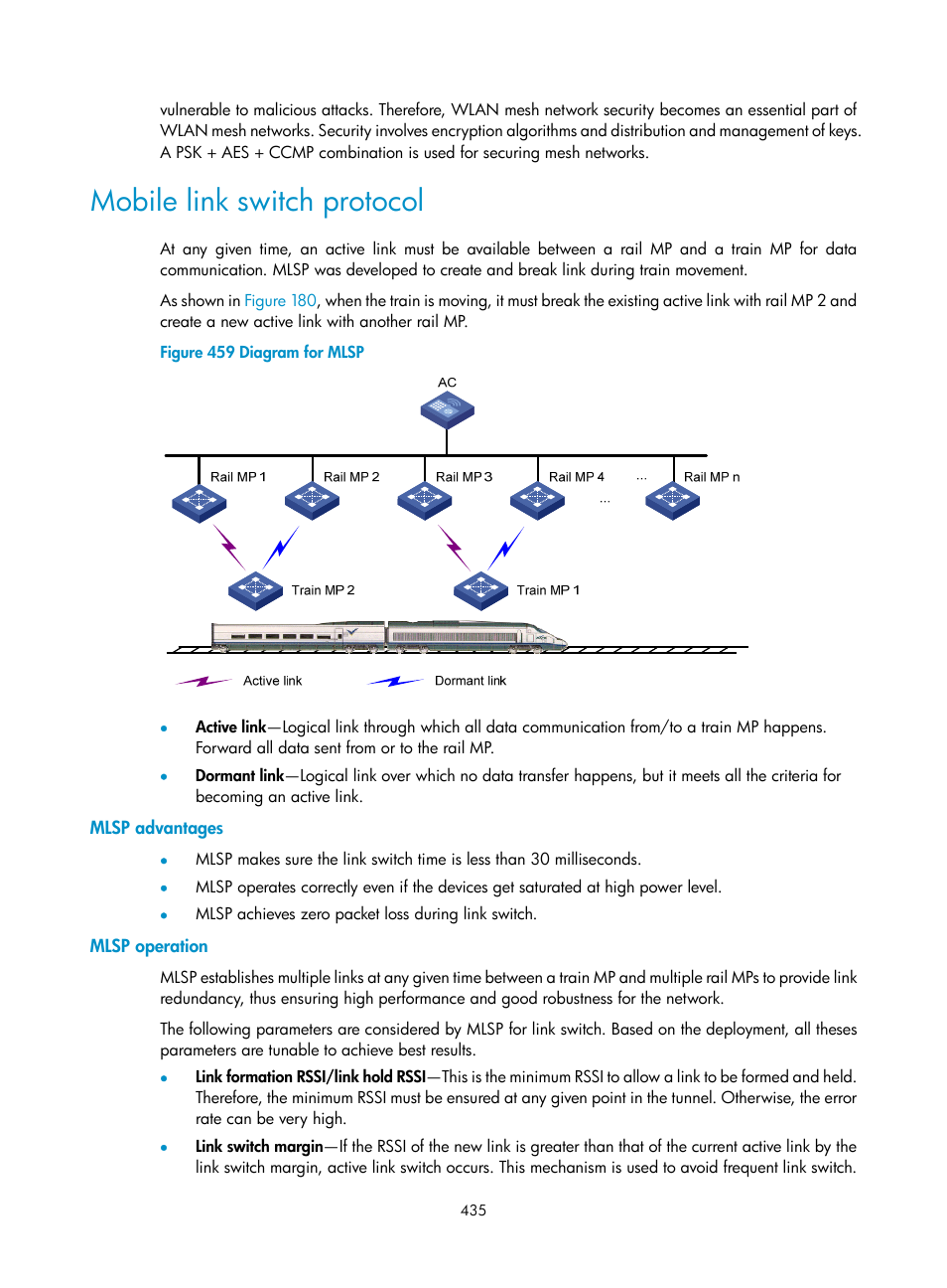 Mobile link switch protocol, Mlsp advantages, Mlsp operation | H3C Technologies H3C WX3000E Series Wireless Switches User Manual | Page 456 / 965