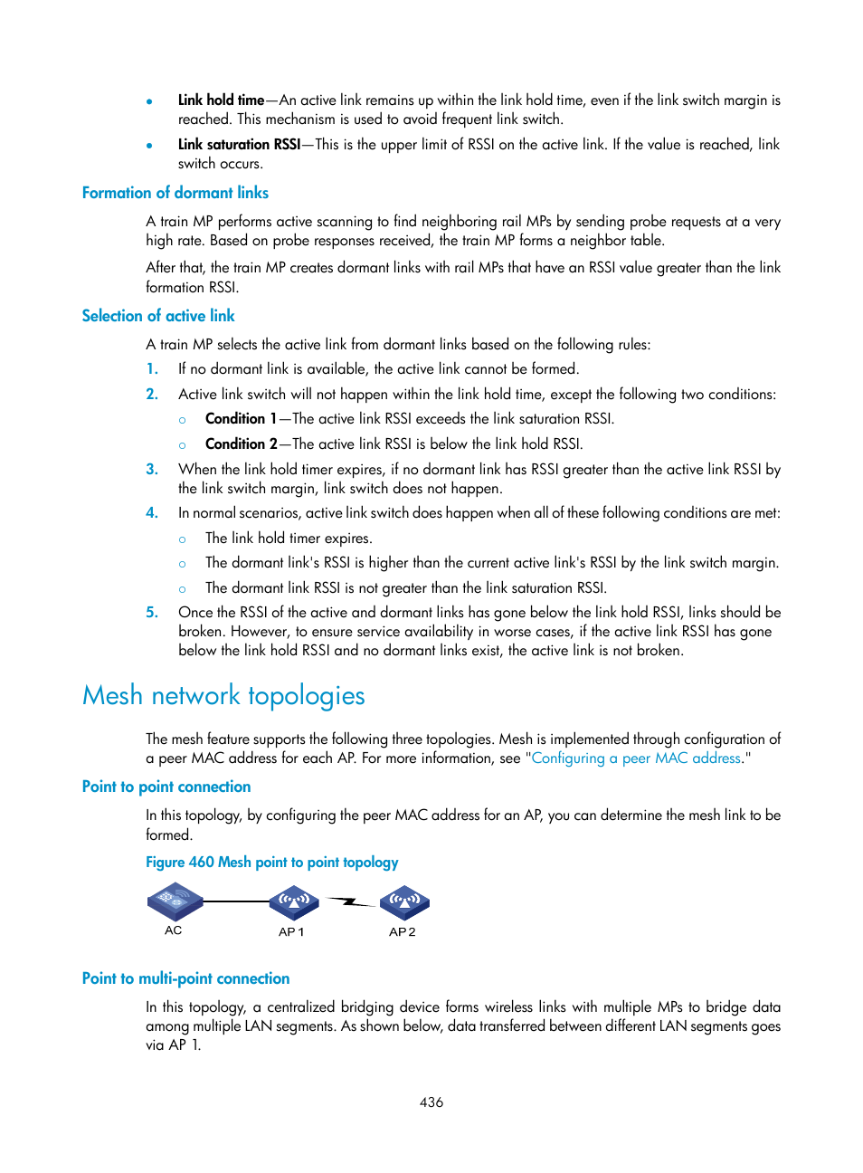 Formation of dormant links, Selection of active link, Mesh network topologies | Point to point connection, Point to multi-point connection | H3C Technologies H3C WX3000E Series Wireless Switches User Manual | Page 457 / 965