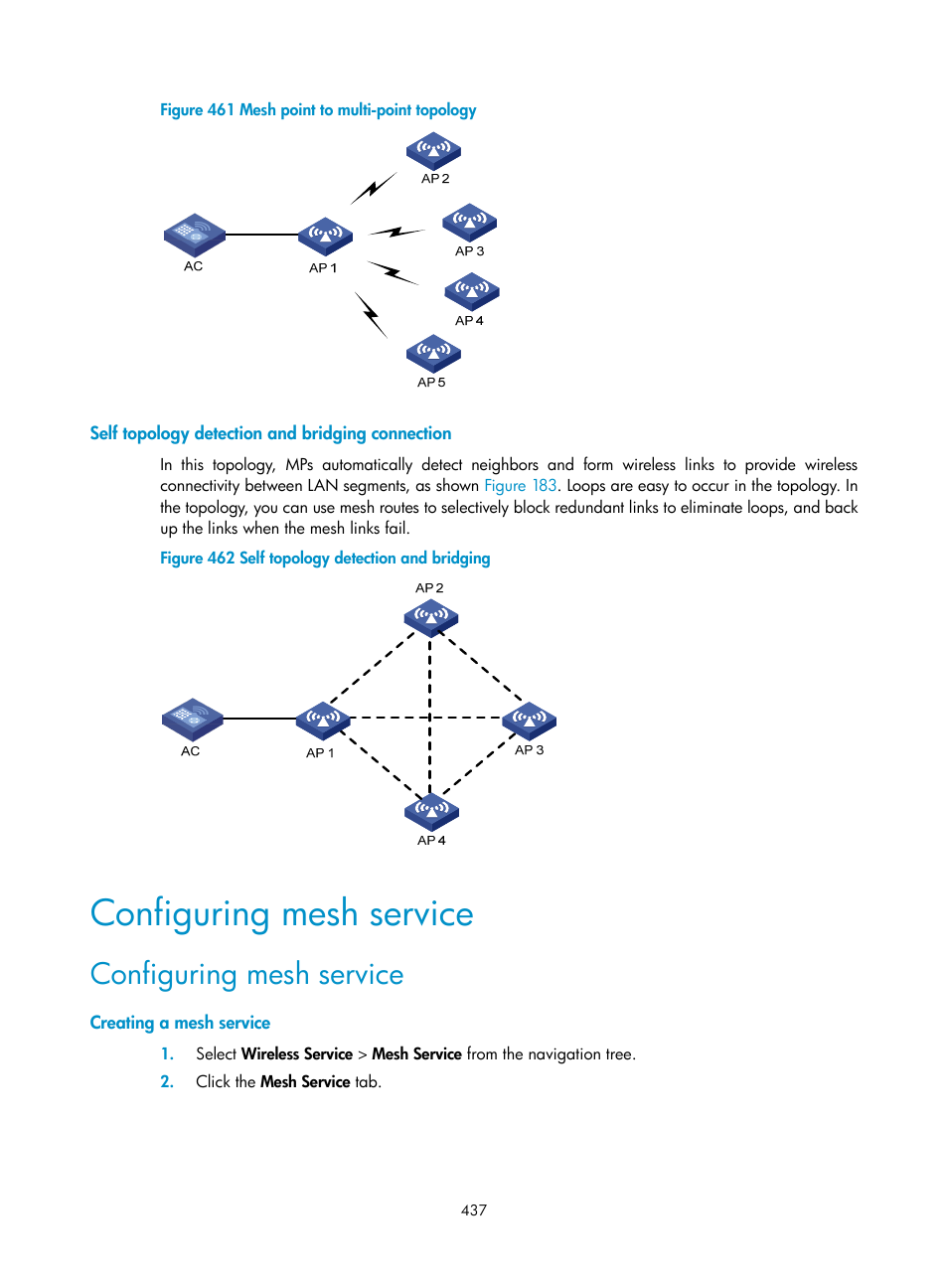 Self topology detection and bridging connection, Configuring mesh service, Creating a mesh service | H3C Technologies H3C WX3000E Series Wireless Switches User Manual | Page 458 / 965