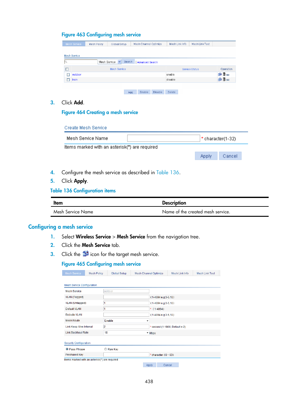 Configuring a mesh service | H3C Technologies H3C WX3000E Series Wireless Switches User Manual | Page 459 / 965