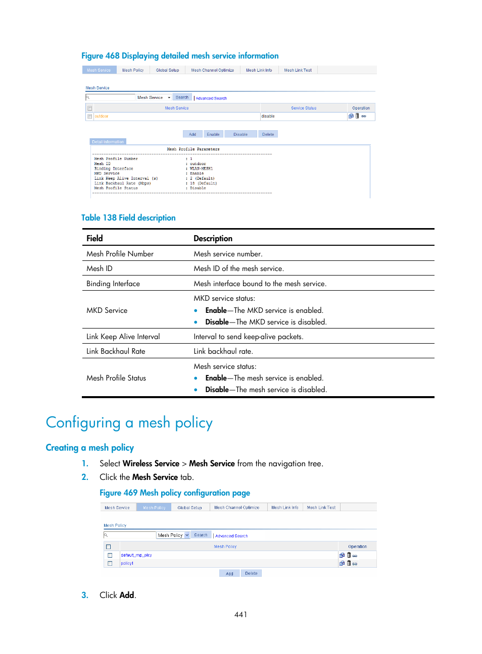 Configuring a mesh policy, Creating a mesh policy | H3C Technologies H3C WX3000E Series Wireless Switches User Manual | Page 462 / 965