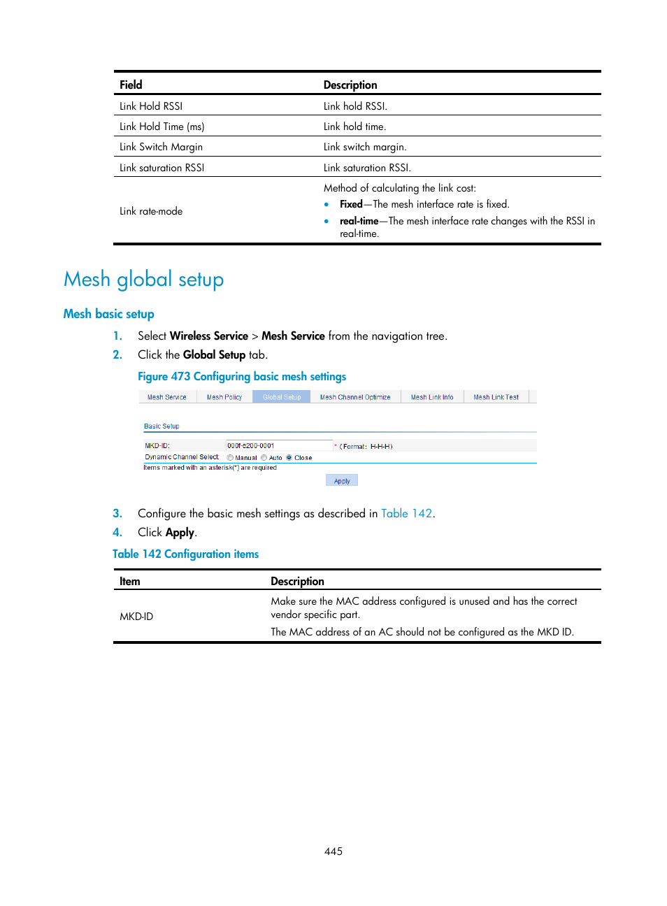 Mesh global setup, Mesh basic setup | H3C Technologies H3C WX3000E Series Wireless Switches User Manual | Page 466 / 965