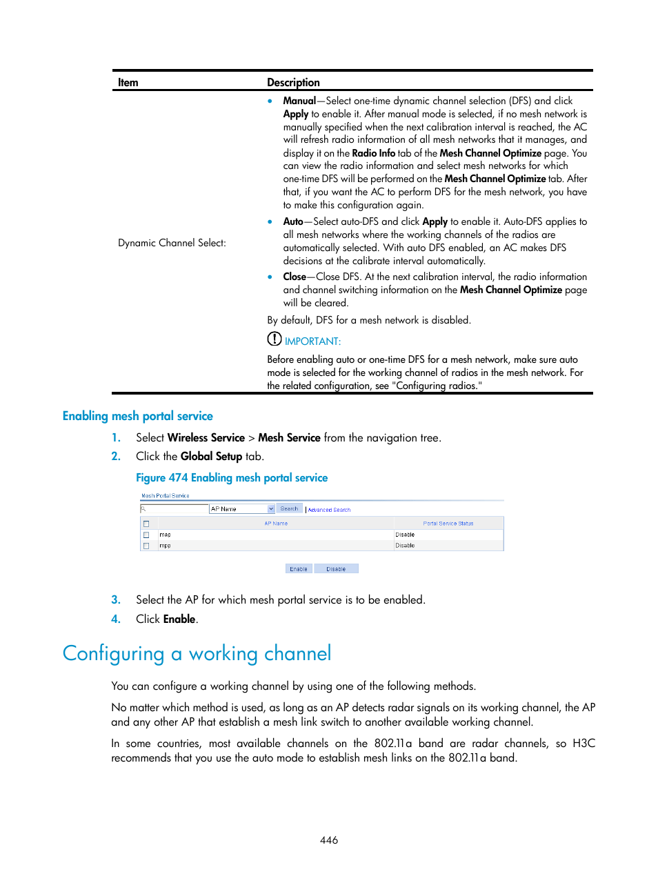 Enabling mesh portal service, Configuring a working channel | H3C Technologies H3C WX3000E Series Wireless Switches User Manual | Page 467 / 965