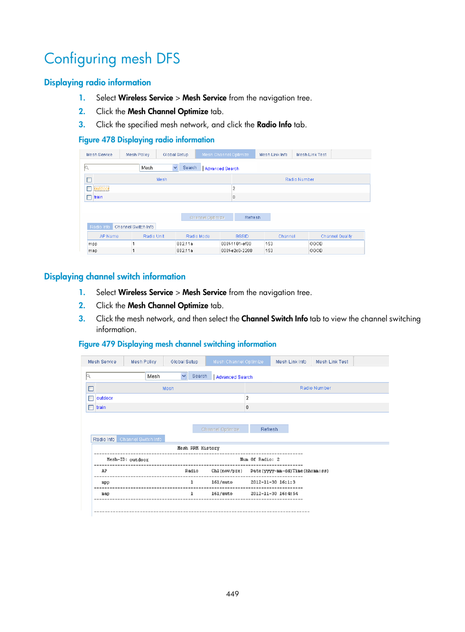 Configuring mesh dfs, Displaying radio information, Displaying channel switch information | H3C Technologies H3C WX3000E Series Wireless Switches User Manual | Page 470 / 965