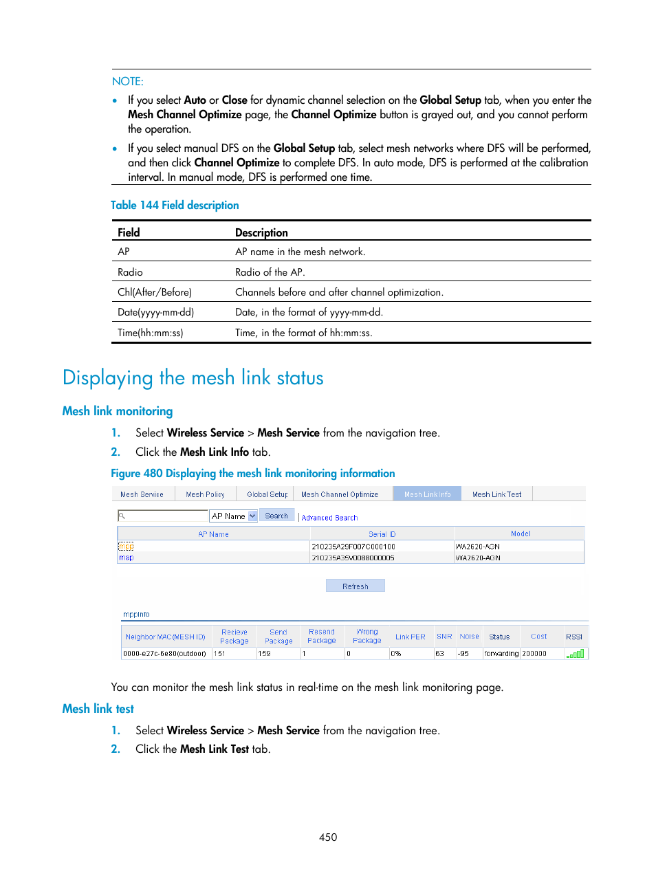 Displaying the mesh link status, Mesh link monitoring, Mesh link test | H3C Technologies H3C WX3000E Series Wireless Switches User Manual | Page 471 / 965