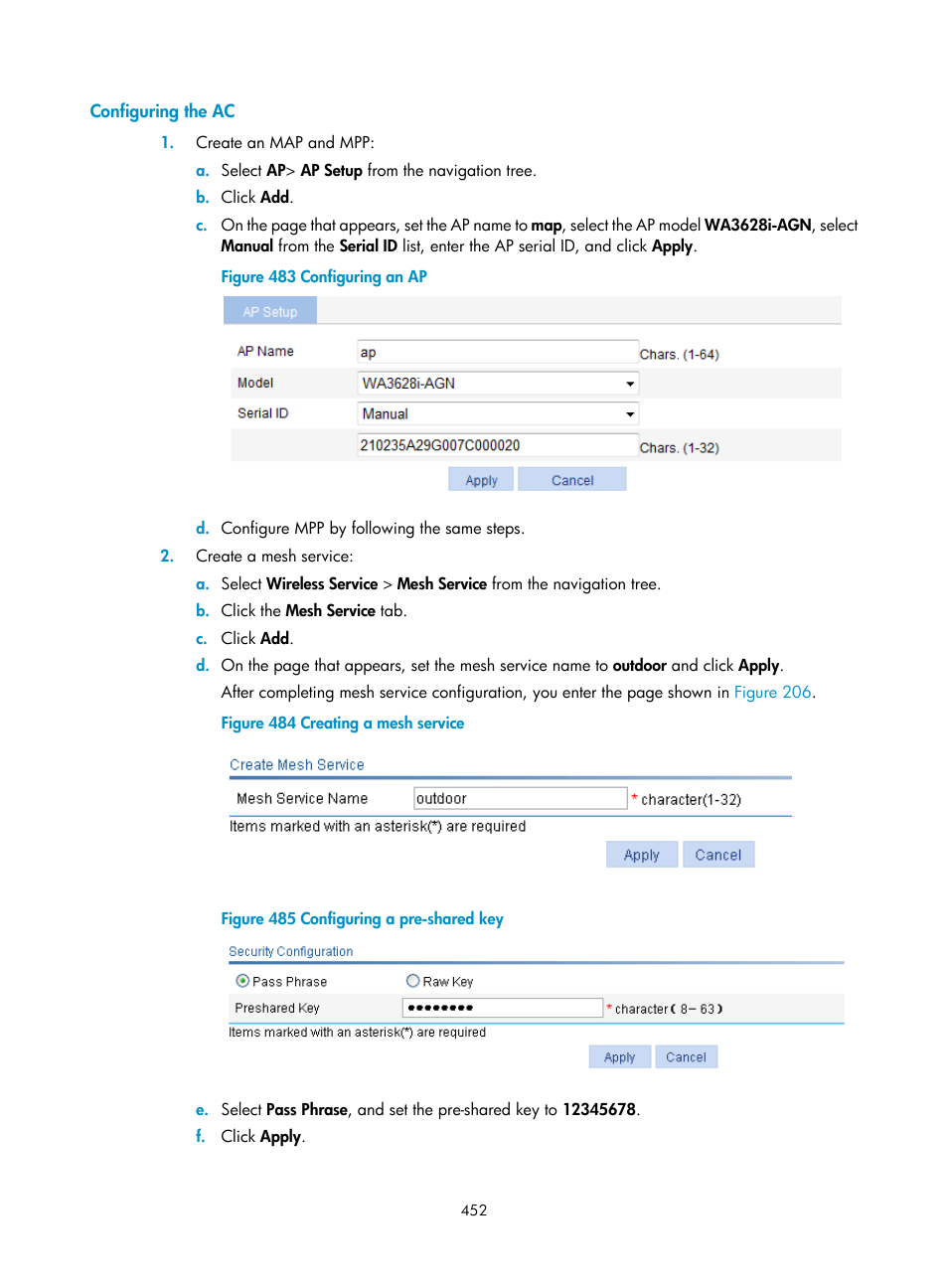 Configuring the ac, Create an map and mpp, Create a mesh service | H3C Technologies H3C WX3000E Series Wireless Switches User Manual | Page 473 / 965