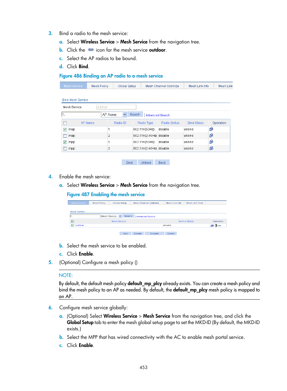 Optional) configure a mesh policy, Configure mesh service globally | H3C Technologies H3C WX3000E Series Wireless Switches User Manual | Page 474 / 965