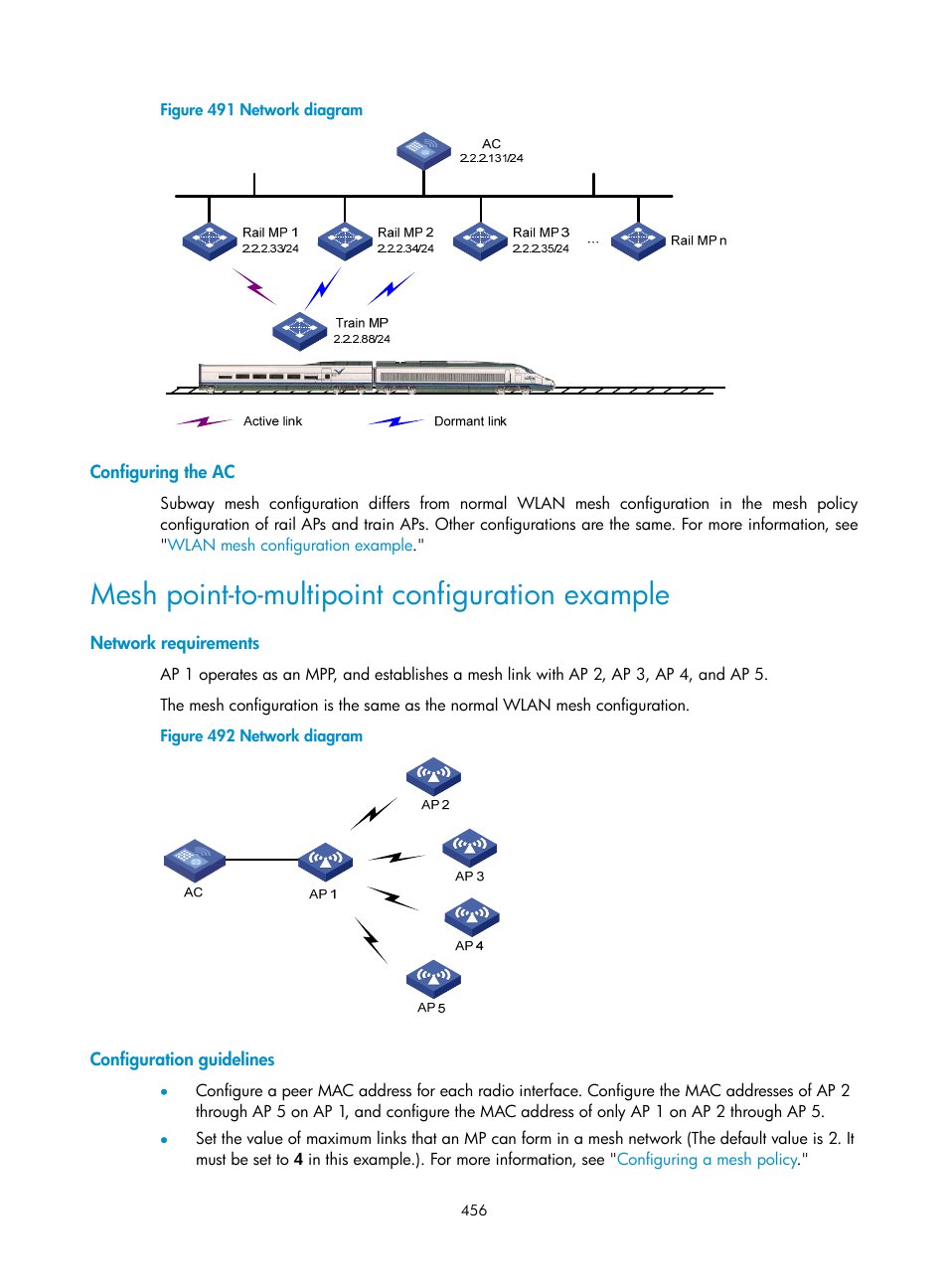 Configuring the ac, Mesh point-to-multipoint configuration example, Network requirements | Configuration guidelines, Figure 212, All r | H3C Technologies H3C WX3000E Series Wireless Switches User Manual | Page 477 / 965