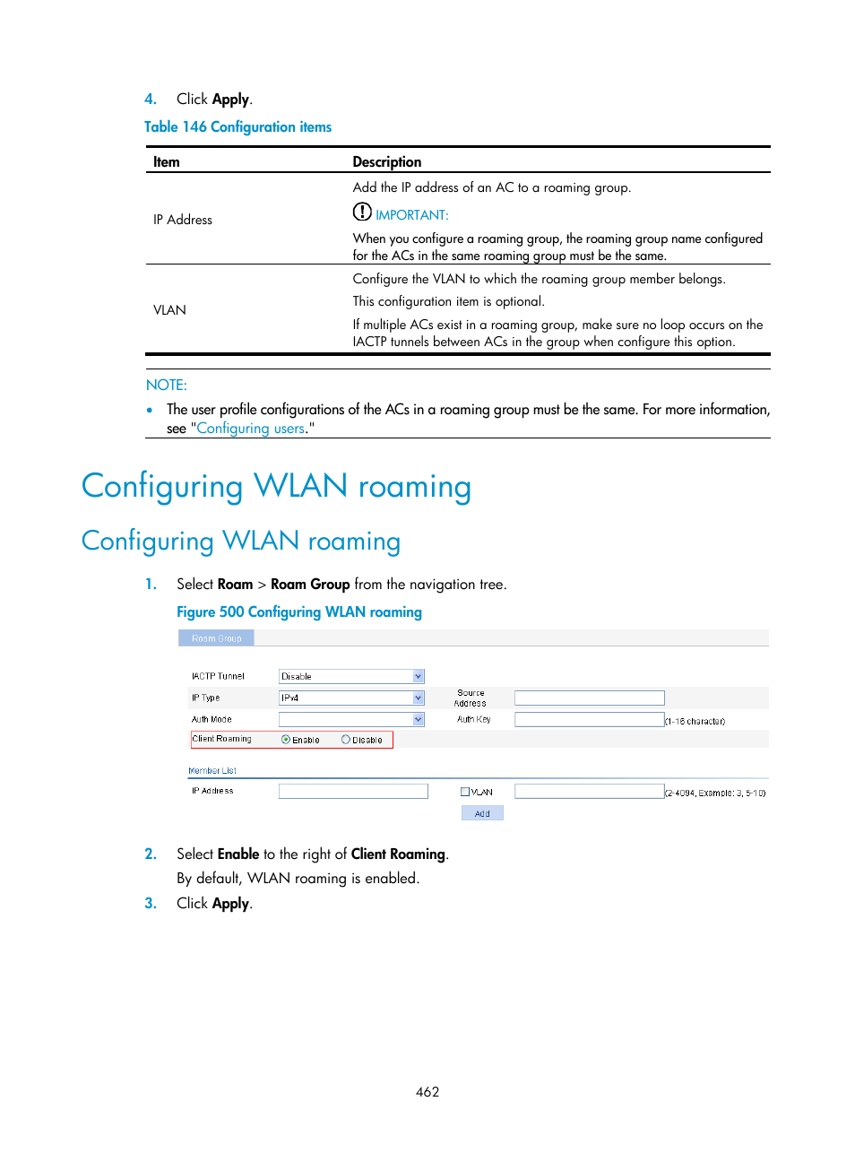 Configuring wlan roaming | H3C Technologies H3C WX3000E Series Wireless Switches User Manual | Page 483 / 965