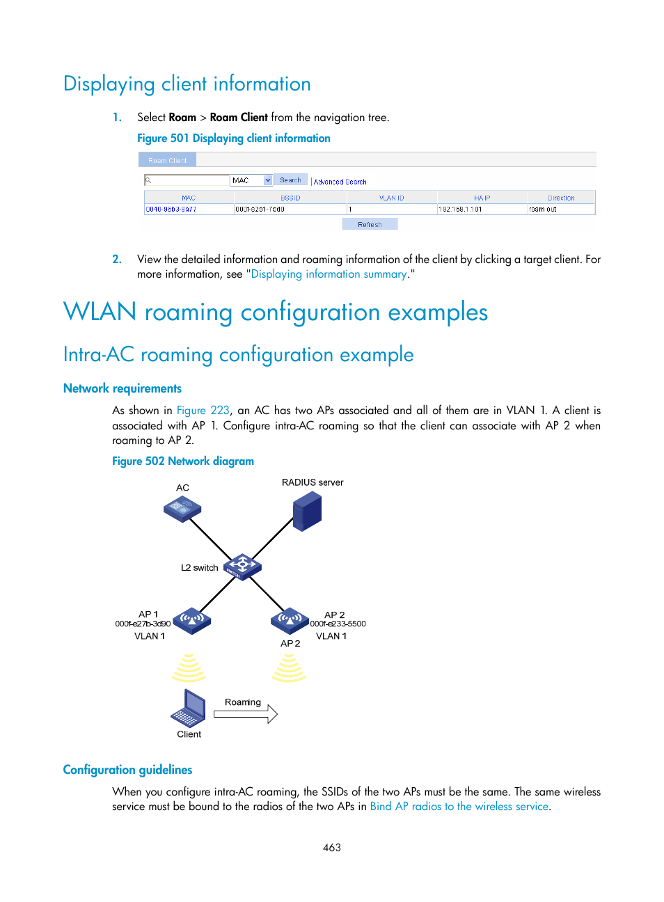 Displaying client information, Wlan roaming configuration examples, Intra-ac roaming configuration example | Network requirements, Configuration guidelines | H3C Technologies H3C WX3000E Series Wireless Switches User Manual | Page 484 / 965