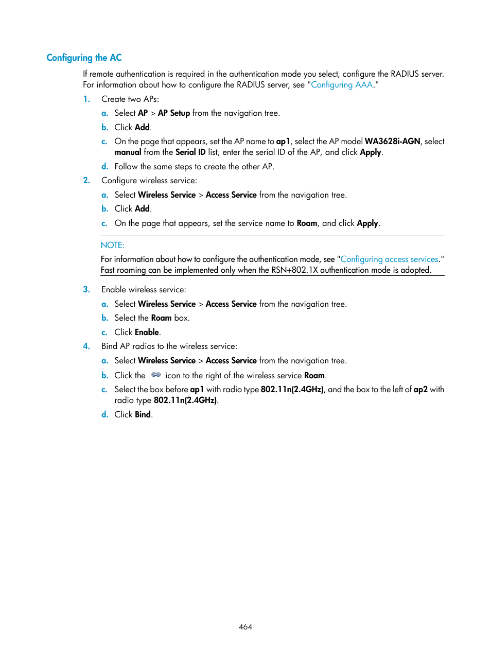 Configuring the ac, Bind ap radios to the wireless service | H3C Technologies H3C WX3000E Series Wireless Switches User Manual | Page 485 / 965