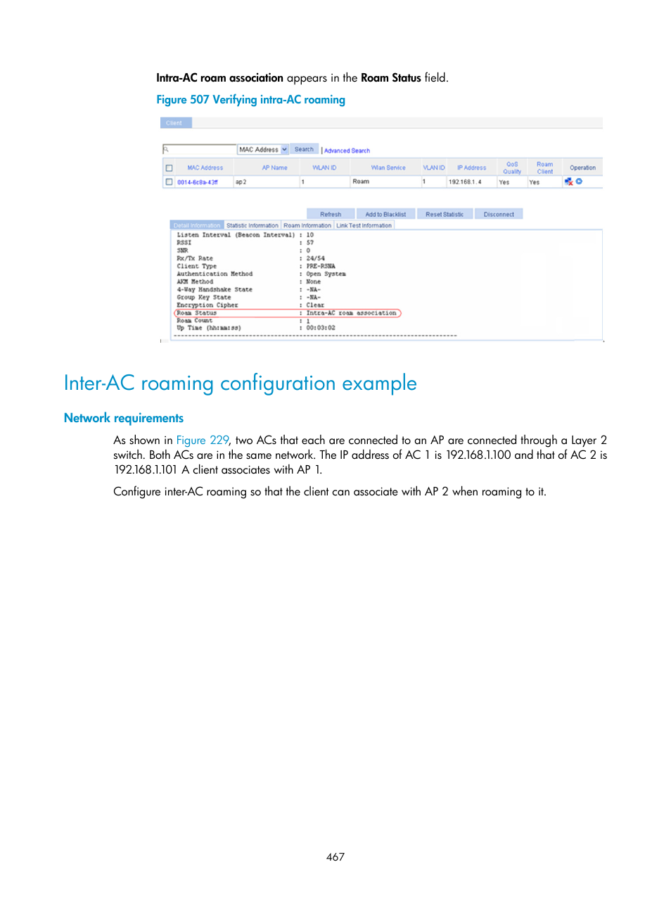 Inter-ac roaming configuration example, Network requirements, Inter-ac roaming, see | H3C Technologies H3C WX3000E Series Wireless Switches User Manual | Page 488 / 965