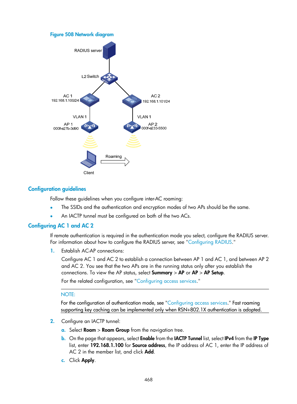 Configuration guidelines, Configuring ac 1 and ac 2 | H3C Technologies H3C WX3000E Series Wireless Switches User Manual | Page 489 / 965