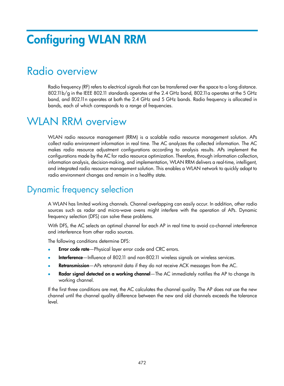 Configuring wlan rrm, Radio overview, Wlan rrm overview | Dynamic frequency selection | H3C Technologies H3C WX3000E Series Wireless Switches User Manual | Page 493 / 965