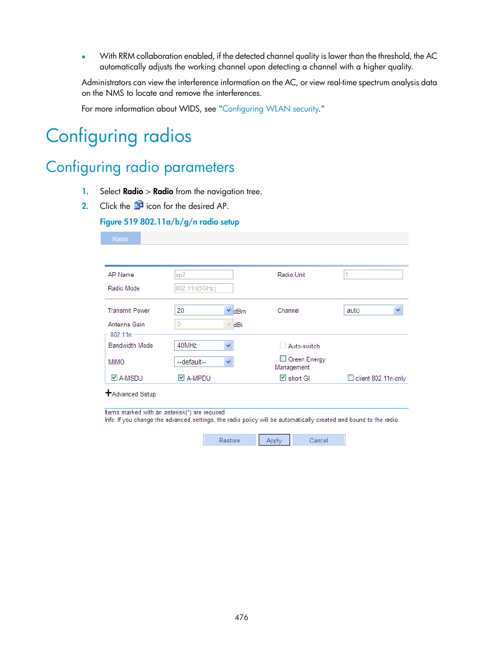 Configuring radios, Configuring radio parameters | H3C Technologies H3C WX3000E Series Wireless Switches User Manual | Page 497 / 965