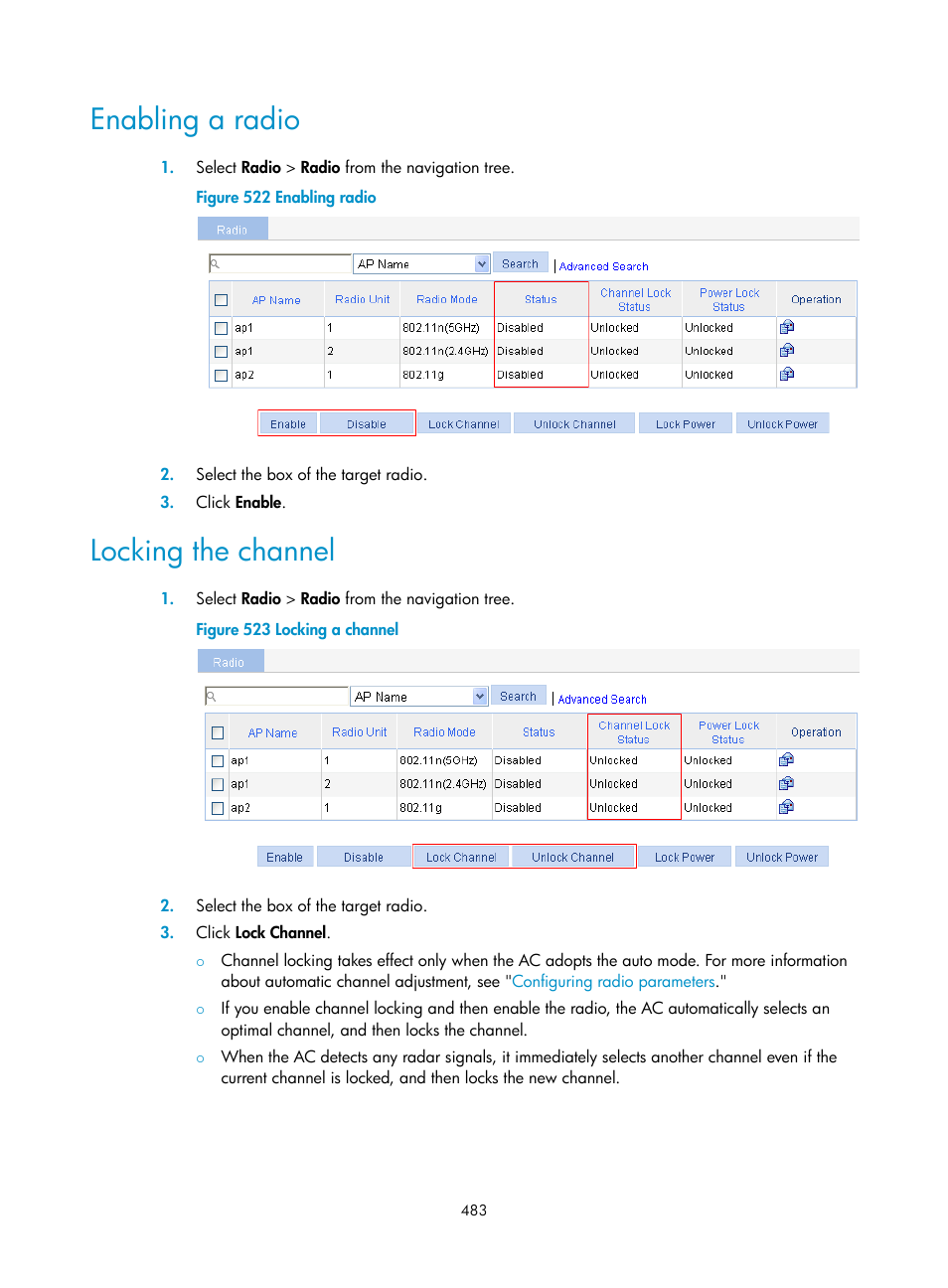 Enabling a radio, Locking the channel | H3C Technologies H3C WX3000E Series Wireless Switches User Manual | Page 504 / 965