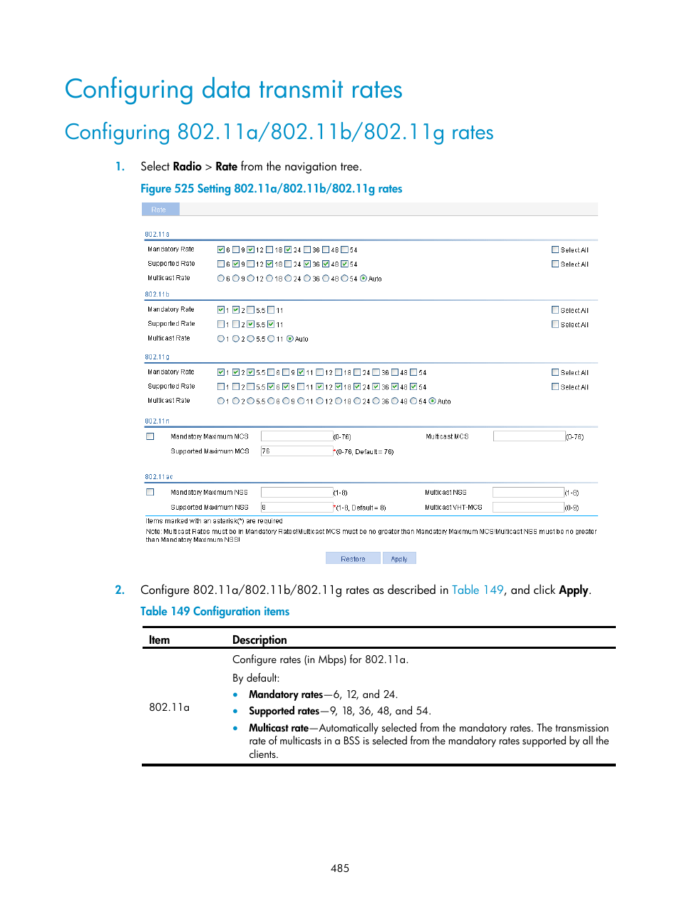 Configuring data transmit rates, Configuring 802.11a/802.11b/802.11g rates | H3C Technologies H3C WX3000E Series Wireless Switches User Manual | Page 506 / 965