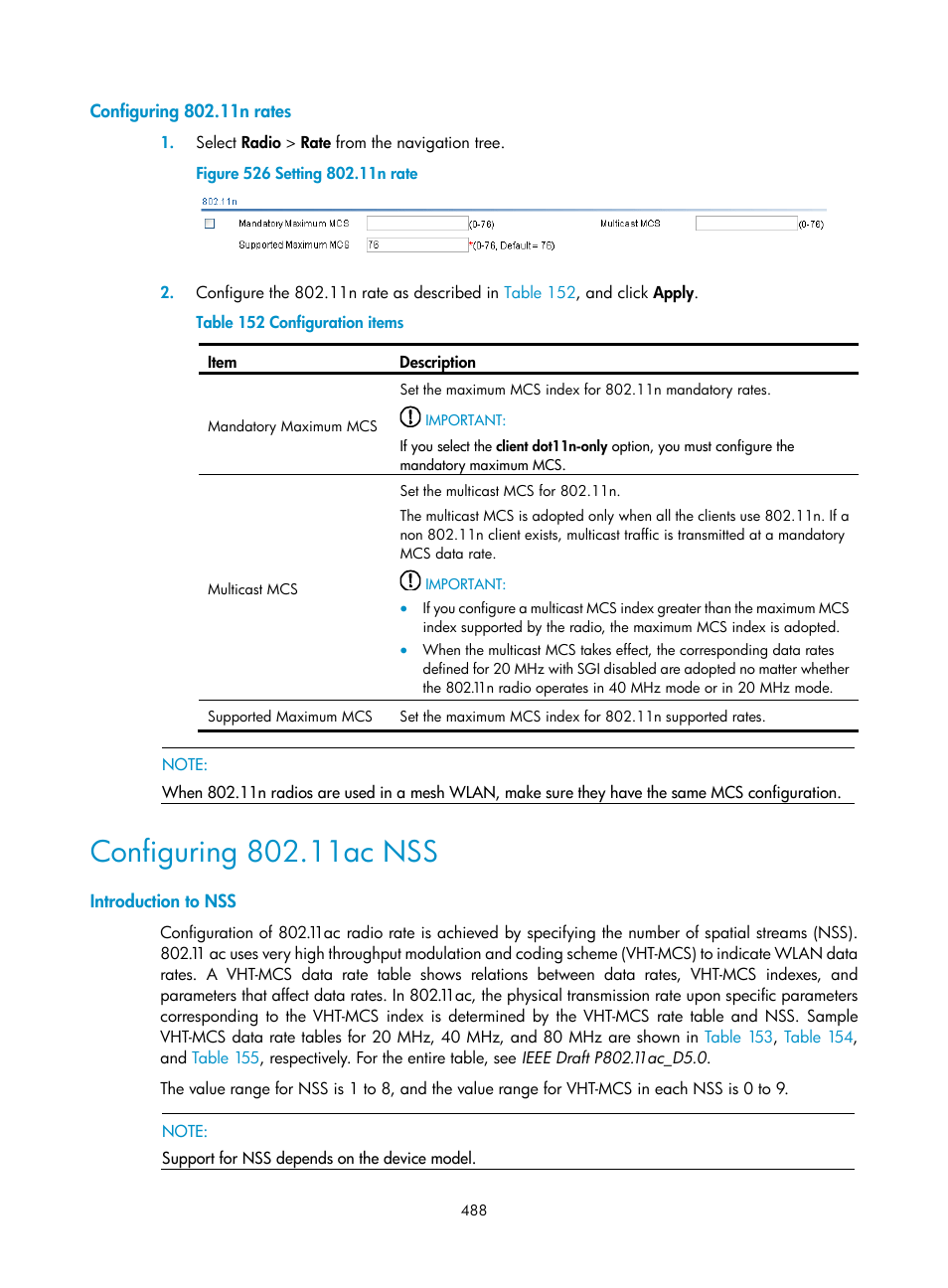 Configuring 802.11n rates, Configuring 802.11ac nss, Introduction to nss | H3C Technologies H3C WX3000E Series Wireless Switches User Manual | Page 509 / 965