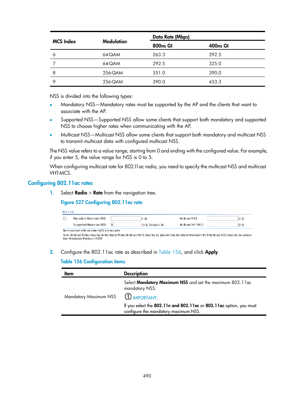Configuring 802.11ac rates | H3C Technologies H3C WX3000E Series Wireless Switches User Manual | Page 511 / 965