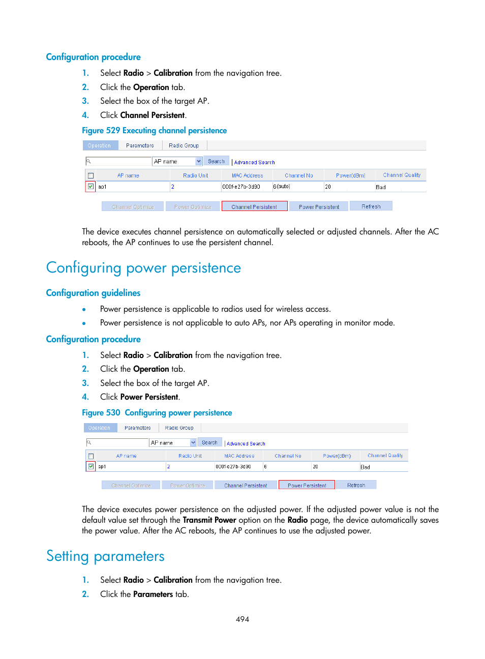 Configuration procedure, Configuring power persistence, Configuration guidelines | Setting parameters | H3C Technologies H3C WX3000E Series Wireless Switches User Manual | Page 515 / 965