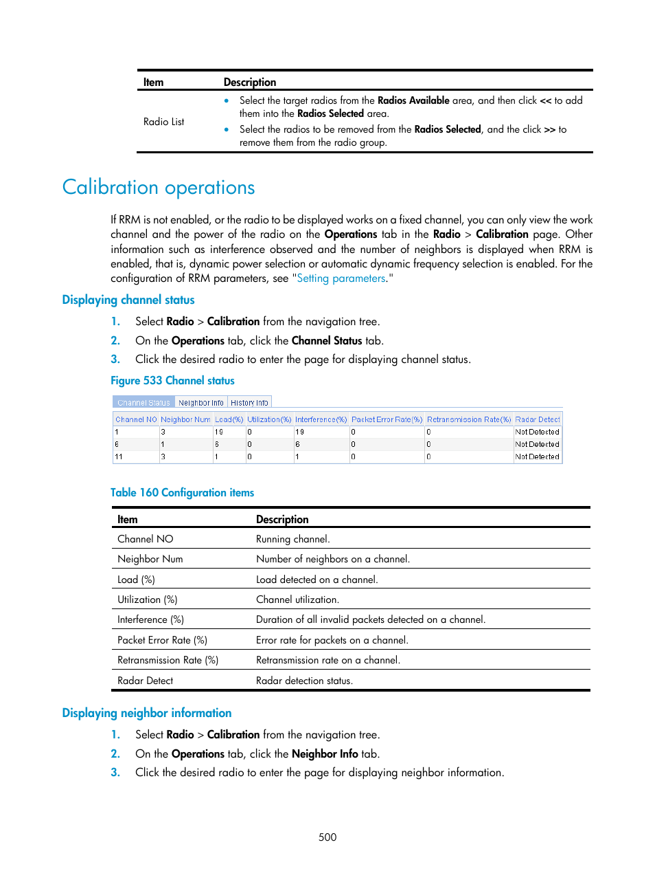 Calibration operations, Displaying channel status, Displaying neighbor information | H3C Technologies H3C WX3000E Series Wireless Switches User Manual | Page 521 / 965