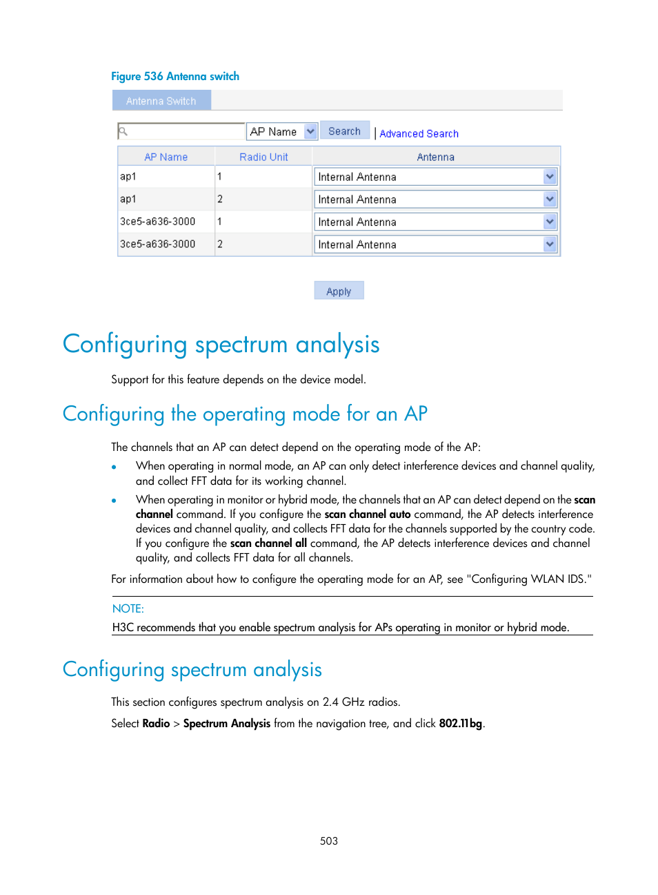 Configuring spectrum analysis, Configuring the operating mode for an ap | H3C Technologies H3C WX3000E Series Wireless Switches User Manual | Page 524 / 965