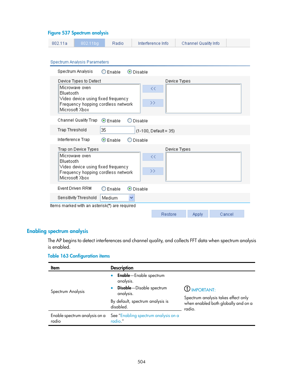 Enabling spectrum analysis | H3C Technologies H3C WX3000E Series Wireless Switches User Manual | Page 525 / 965