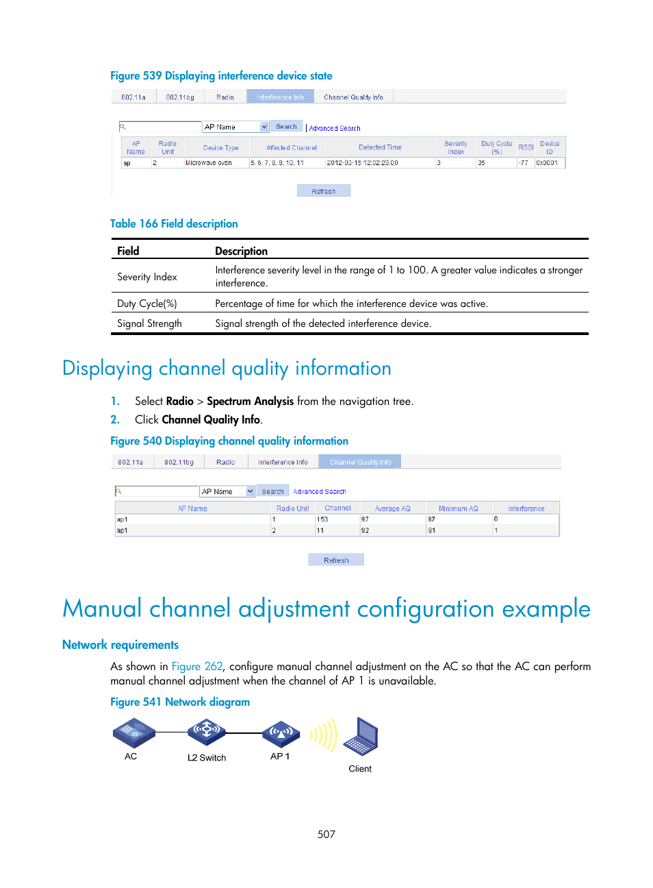 Displaying channel quality information, Manual channel adjustment configuration example, Network requirements | H3C Technologies H3C WX3000E Series Wireless Switches User Manual | Page 528 / 965