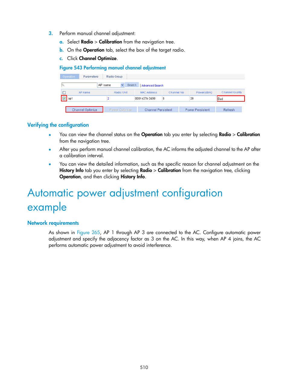 Verifying the configuration, Automatic power adjustment configuration example, Network requirements | H3C Technologies H3C WX3000E Series Wireless Switches User Manual | Page 531 / 965