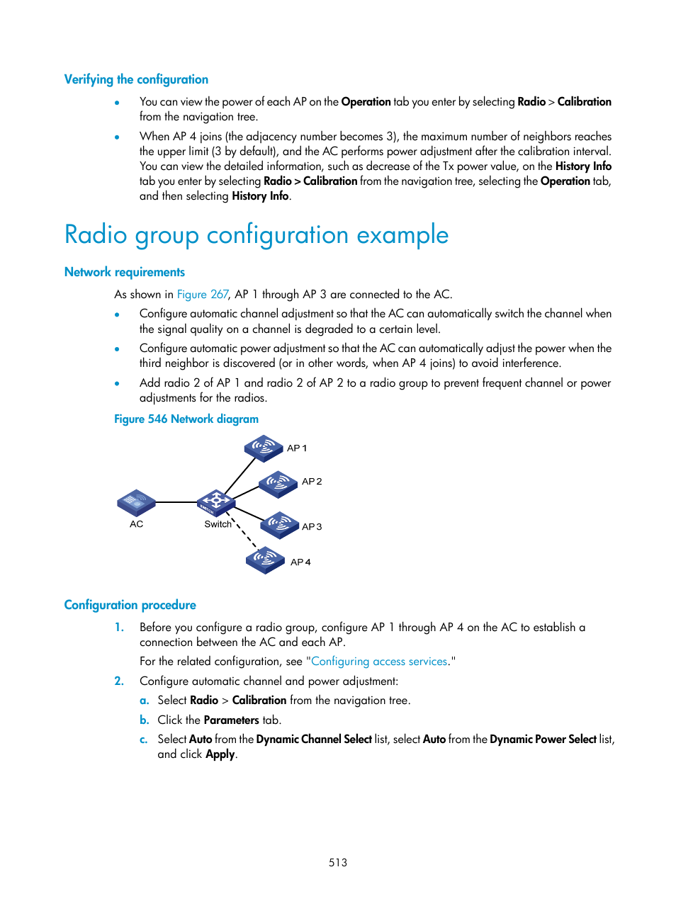 Verifying the configuration, Radio group configuration example, Network requirements | Configuration procedure | H3C Technologies H3C WX3000E Series Wireless Switches User Manual | Page 534 / 965