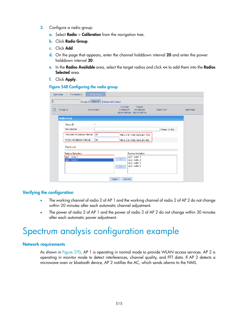 Verifying the configuration, Spectrum analysis configuration example, Network requirements | H3C Technologies H3C WX3000E Series Wireless Switches User Manual | Page 536 / 965