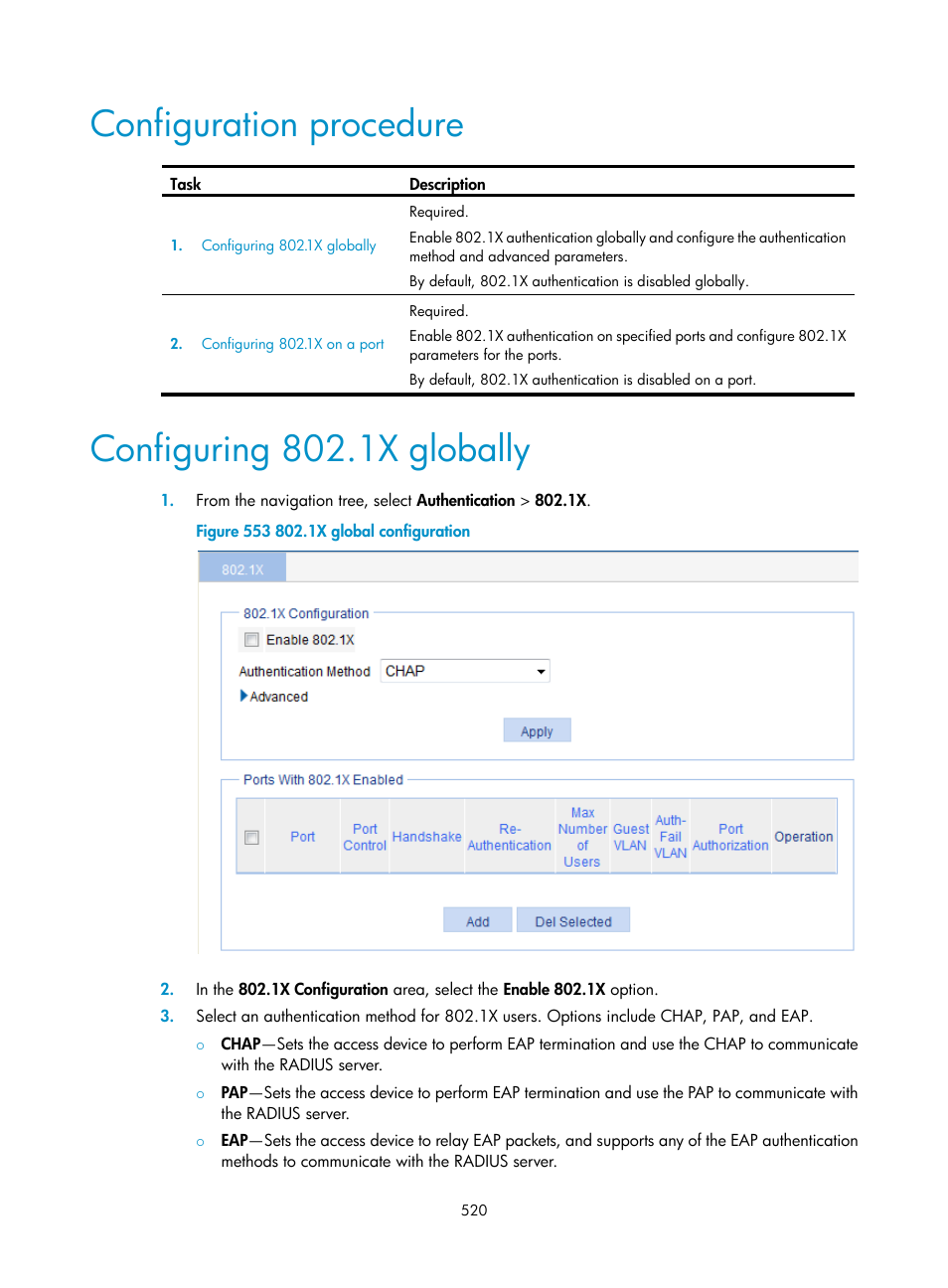 Configuration procedure, Configuring 802.1x globally | H3C Technologies H3C WX3000E Series Wireless Switches User Manual | Page 541 / 965