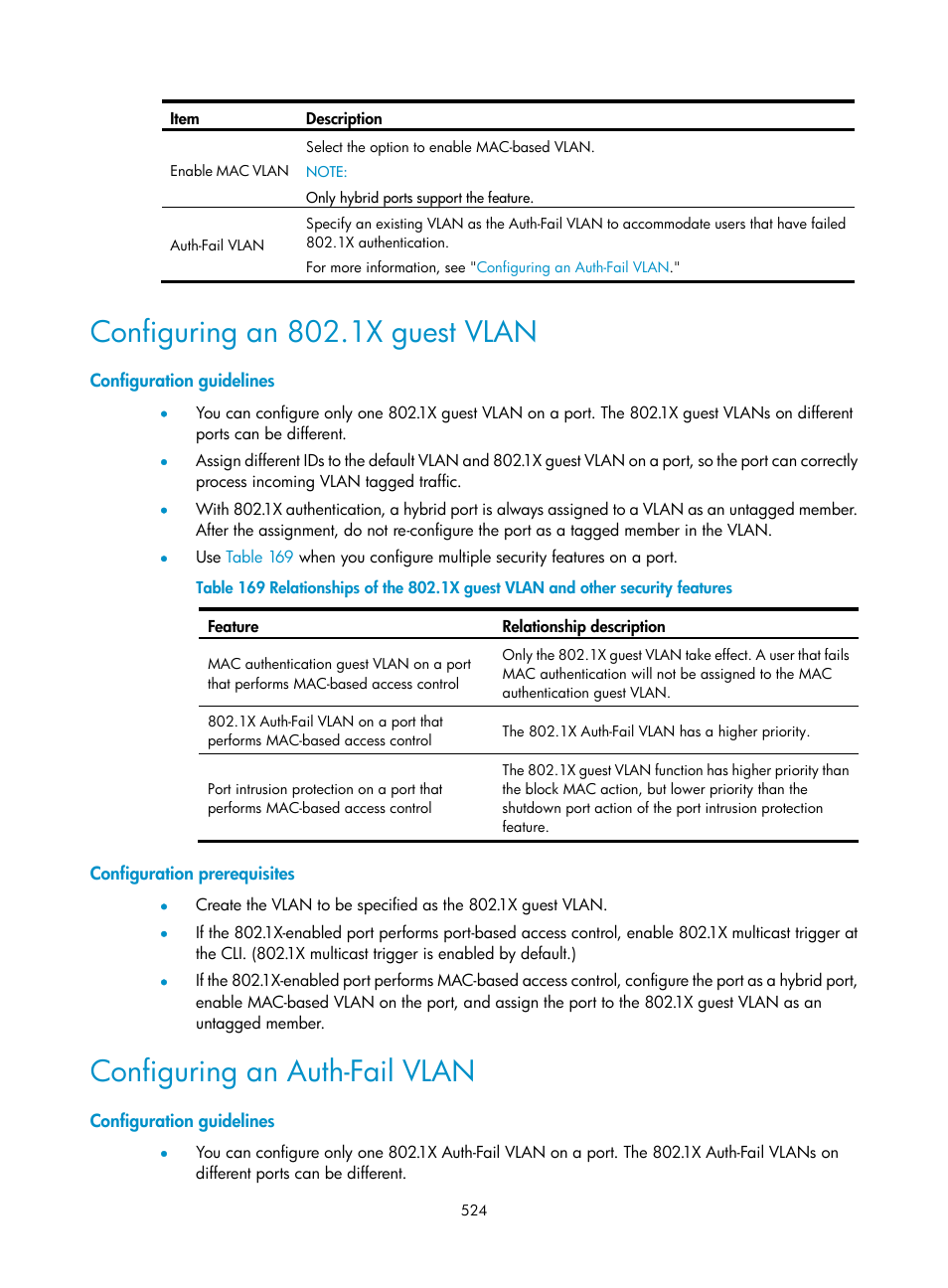 Configuring an 802.1x guest vlan, Configuration guidelines, Configuration prerequisites | Configuring an auth-fail vlan, Configuring an, 1x guest vlan | H3C Technologies H3C WX3000E Series Wireless Switches User Manual | Page 545 / 965