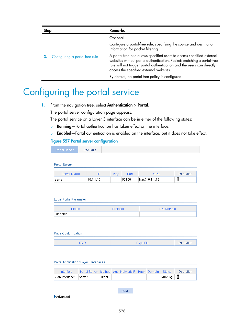 Configuring the portal service | H3C Technologies H3C WX3000E Series Wireless Switches User Manual | Page 549 / 965