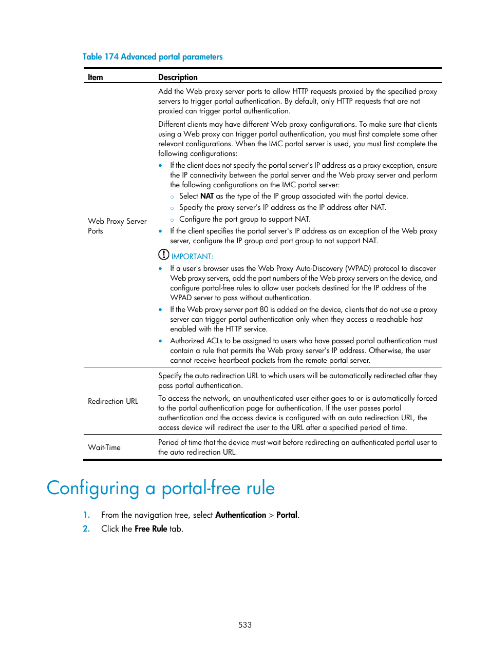 Configuring a portal-free rule, Ribed in, Table 174 | H3C Technologies H3C WX3000E Series Wireless Switches User Manual | Page 554 / 965