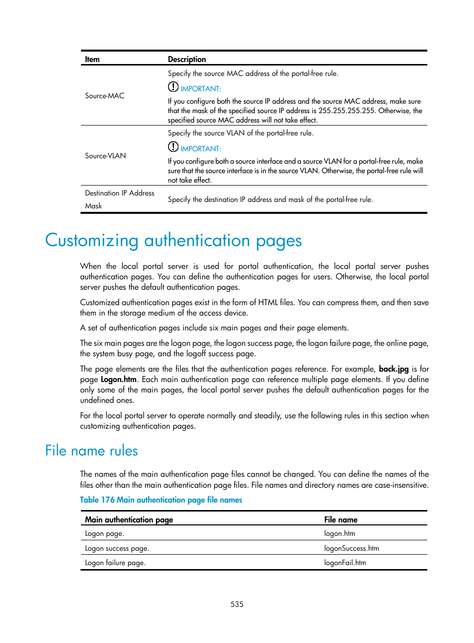 File name rules, Customizing authentication pages | H3C Technologies H3C WX3000E Series Wireless Switches User Manual | Page 556 / 965